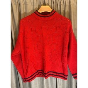 Tommy Hilfiger Red Knit Sweater Mock Neck Geometric Pattern Stripes XL
